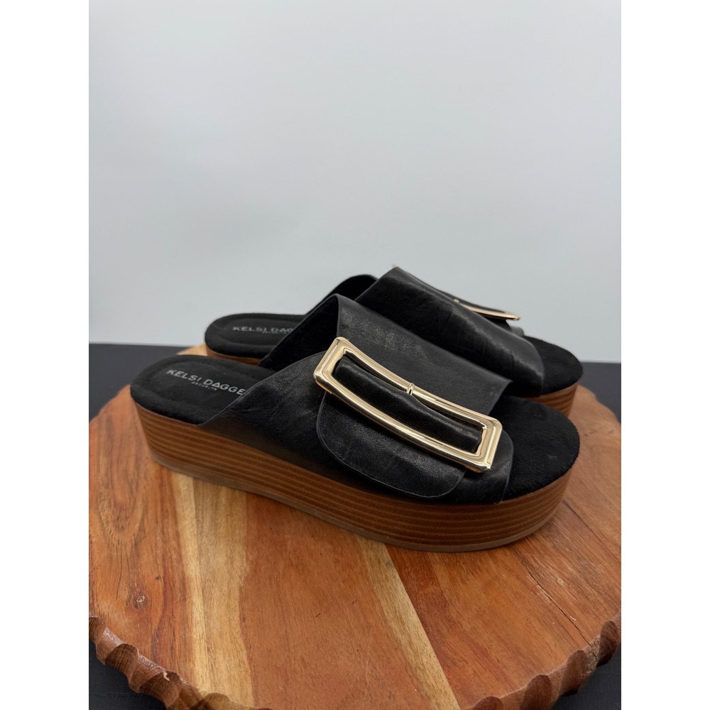 Kelsi Dagger Brooklyn dover Platform Slide Sandals Womens 6.5 Black Leather